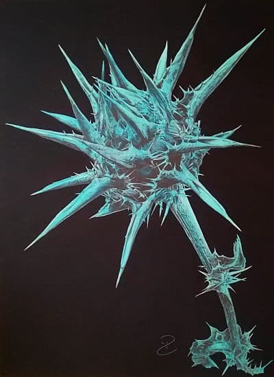 Escultura azul-turquesa cheia de espinhos